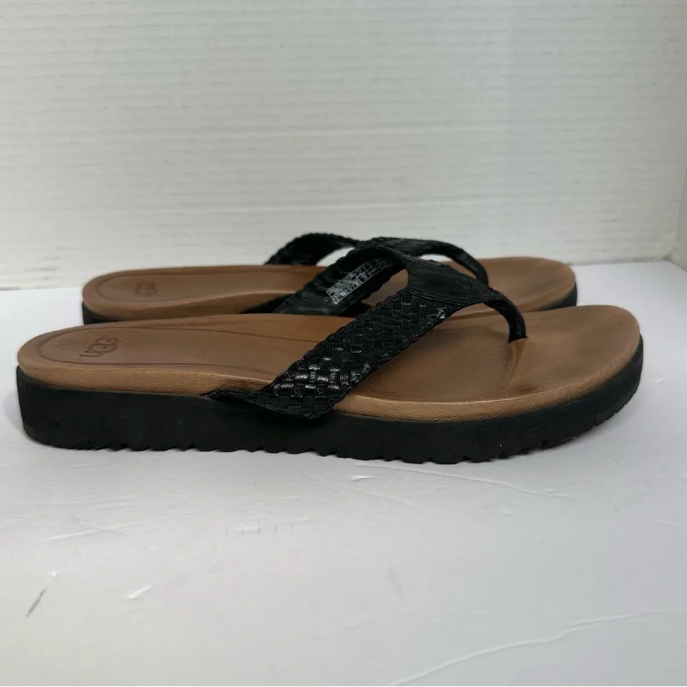 UGG Women's Black and Tan Lorrie Leather Woven Thong Sandals- Size 8